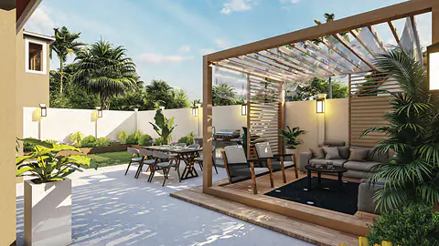 Shaded timber cabana with lounge seating and outdoor dining on a landscaped deck