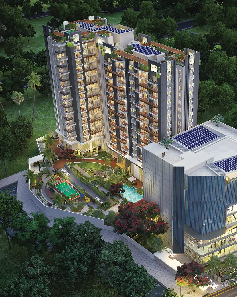 Aerial dusk view of the Vicint Marquis residential tower with its landscaped podium, pool and courts, and the Pretium Mall block beside it, surrounded by trees, artist's impression