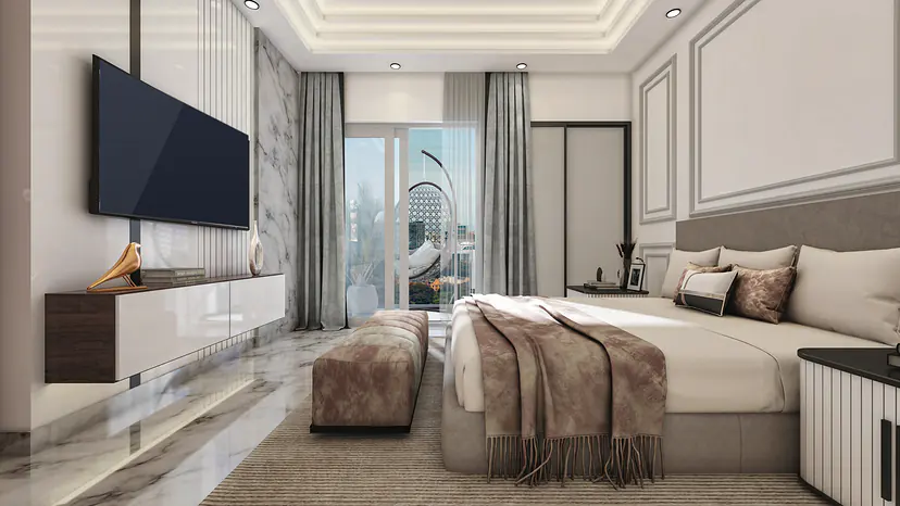 Bedroom with a padded headboard wall, wall-mounted TV unit and full-height windows with city view