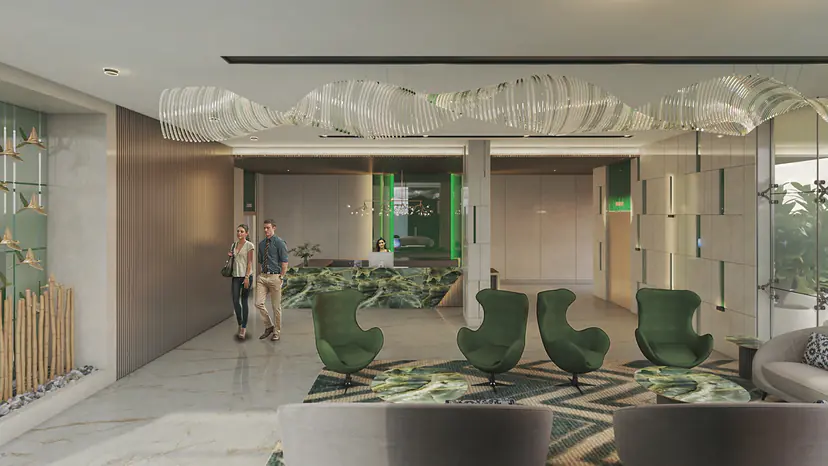 Jade entrance lobby: double-height space with a green onyx reception desk, green egg chairs and timber-slat walls
