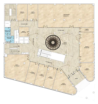 Pretium Mall ground floor plan: retail shops, anchor store space, atrium and mall entry