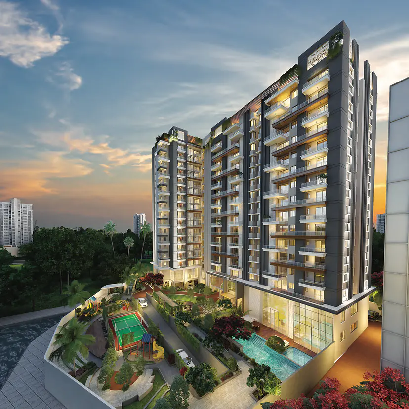 Dusk view of the Vicint Marquis tower with lit balconies above the landscaped podium and pool deck