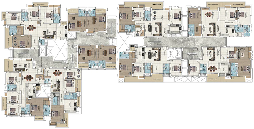 Even typical floor plan (floors 2, 4, 6, 8, 10, 12, 14, 16) showing the Sapphire wing at left, the Jade studios around the central core and the Diamond wing at right